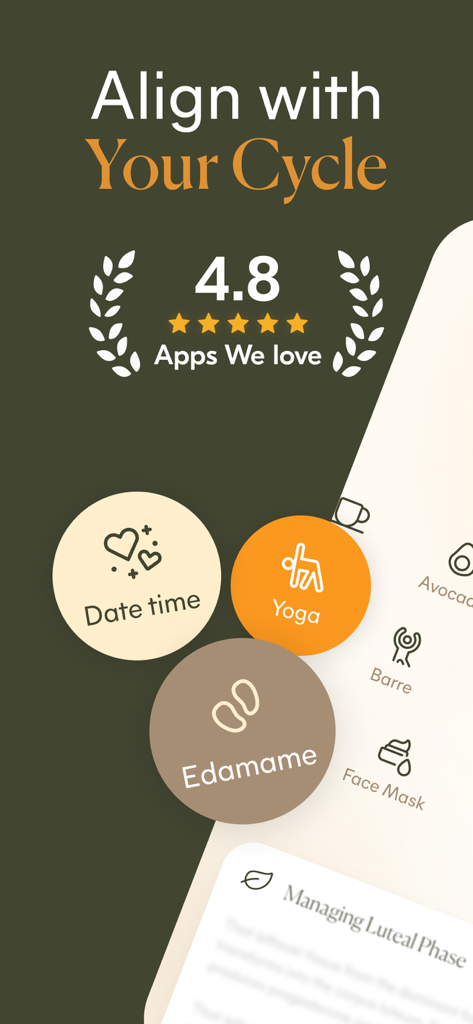 Pantalla de la aplicación Lively mostrando una calificación de 4.8 estrellas y categorías de estilo de vida de sincronización del ciclo para yoga y nutrición