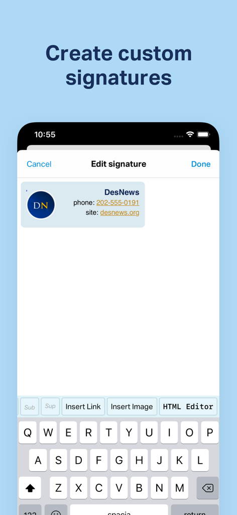 Screen showing how to create and edit custom email signatures in the Chuck app