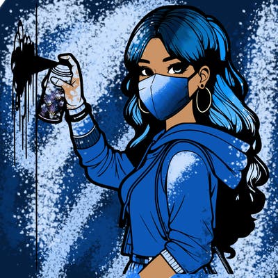 realistic girl with mask spray painting a wall