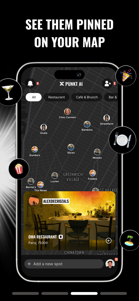 A mobile screen showing the Punkt AI map interface with pinned locations and social media recommendations from friends.