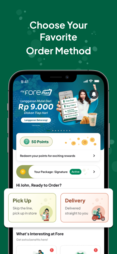 Fore Coffee - Fore Coffeeモバイルアプリ画面に、受取と配達の注文オプション、ポイント、サブスクリプション状況が表示されています