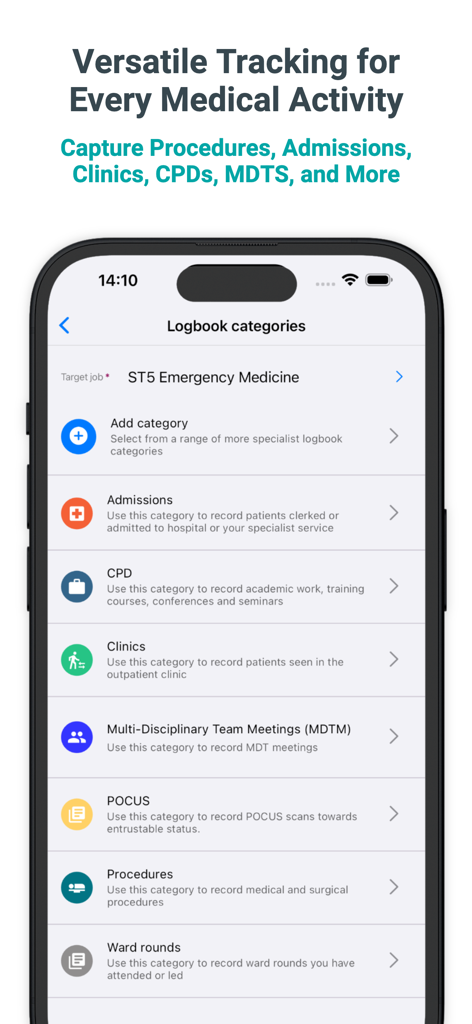 Tela do aplicativo Logitbox mostrando categorias do diário de bordo médico para registro de procedimentos, clínicas e internações.
