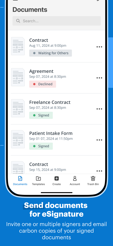 Interface of the SignNow app showing a list of documents and their e-signature status