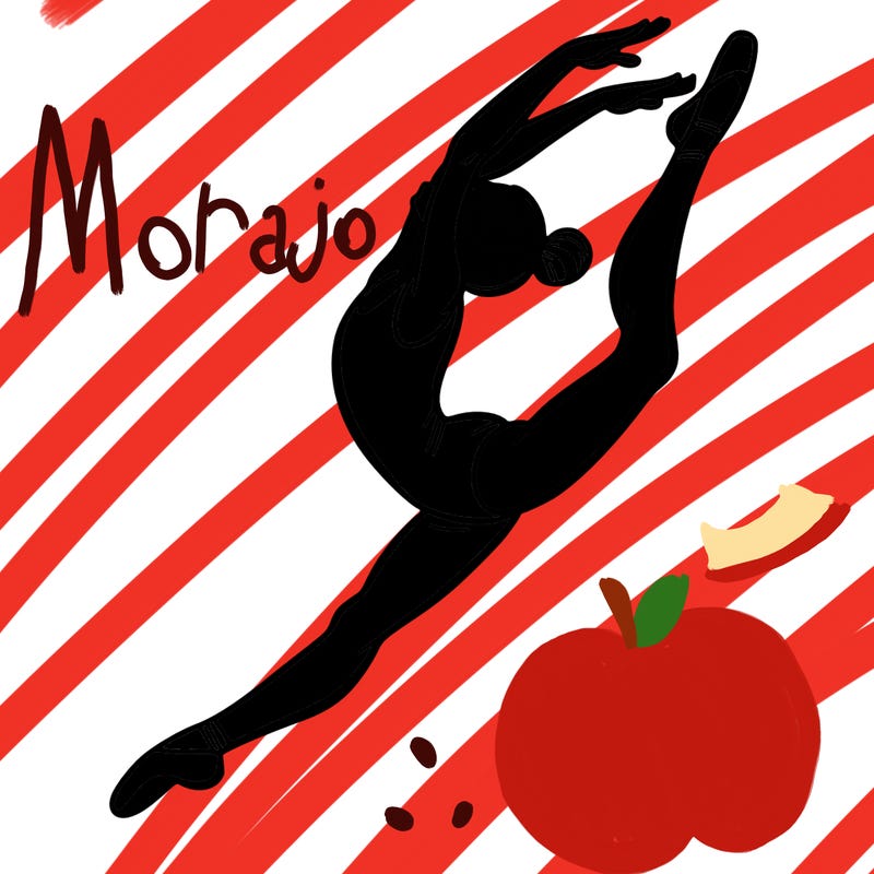 gymnast doing a leap in a leotard with a bent back leg