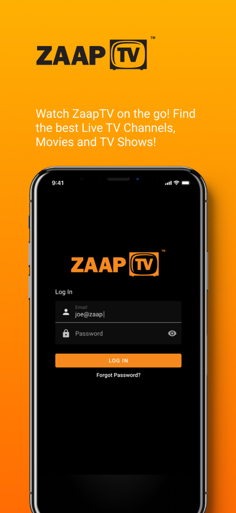 ZaapTV Mobile - ZaapTV Mobile app login screen on a smartphone showing fields for email and password
