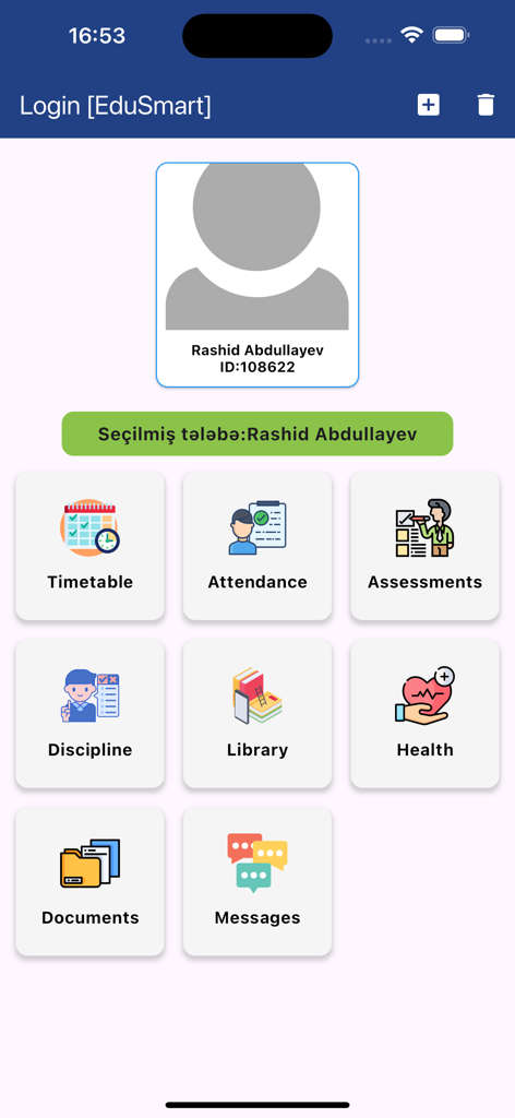 Oxbridge Academy Baku student dashboard showing icons for Timetable, Attendance, and Assessments.