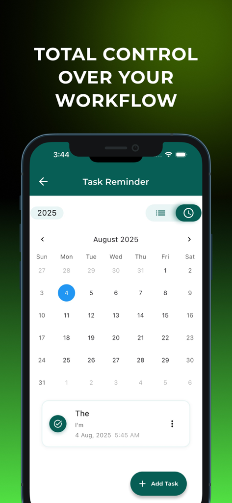 Bitchat PLUS - Bitchat PLUS app task reminder screen with a monthly calendar view for workflow management