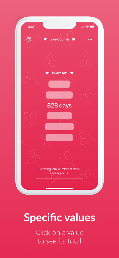 Love Counter – Time in Love - Una captura de pantalla de la aplicación Love Counter que muestra 828 días de duración de la relación en un fondo rosa con corazones.