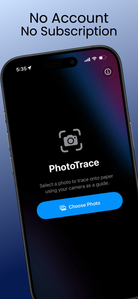 PhotoTrace: Camera Tracing - PhotoTrace home screen featuring a choose photo button and a no subscription message