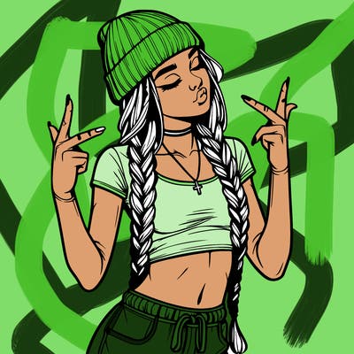 realistic teenage girl with braids and a beanie and crop top doing 🫶🏼