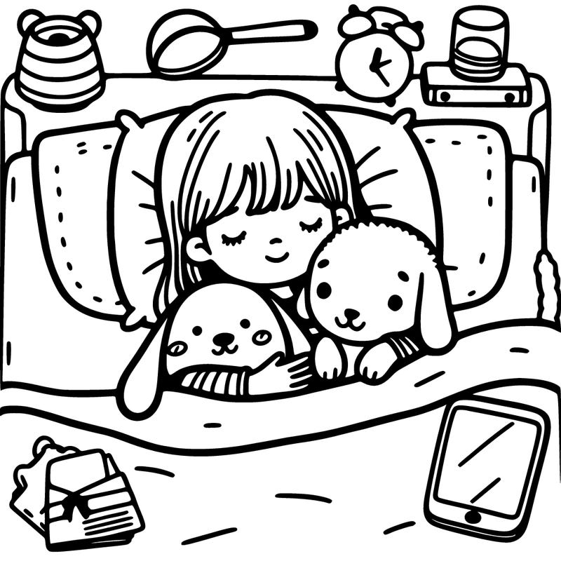 a girl in bed, cuddling a dog with stuffed animals and a phone in the background