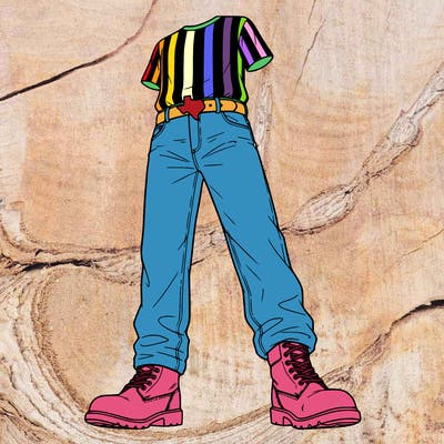 a t-shirt with vertical stripes some jeans and boots and a belt with a texas shaped belt buckle