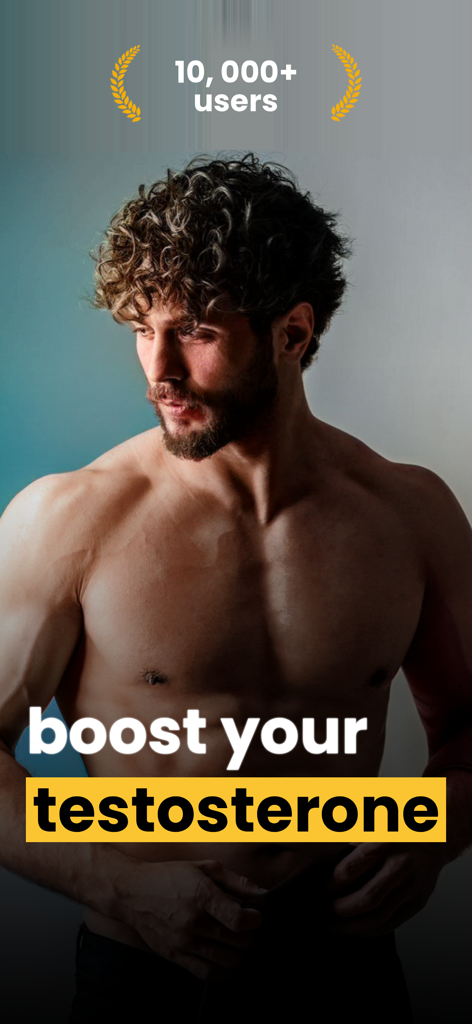A muscular man with curly hair and a beard featured in an app promotion for natural testosterone boosting with social proof of over ten thousand users
