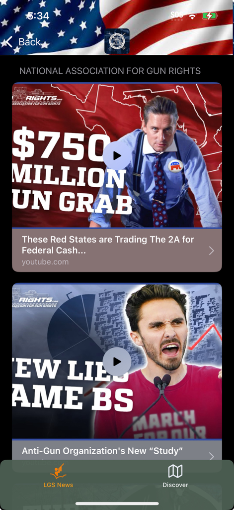 Feed de noticias de la aplicación Plinkr mostrando videos de la National Association for Gun Rights sobre legislación de la segunda enmienda