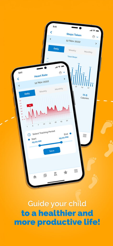 Dos pantallas de smartphone que muestran el seguimiento de la frecuencia cardíaca y los pasos diarios en la aplicación POSB Smart Buddy