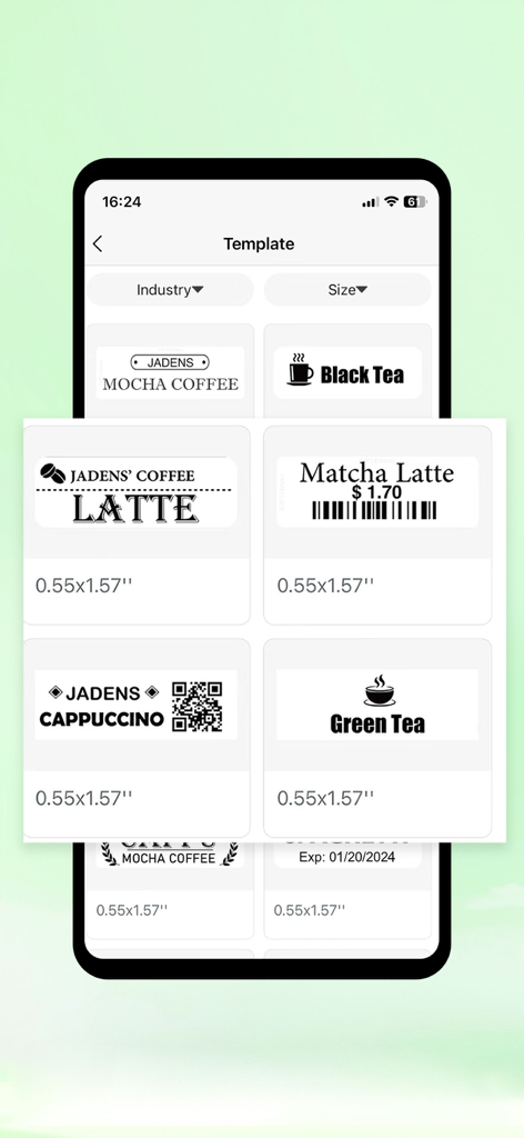 A selection of customizable coffee and tea label templates in the Jadens Printer app interface.