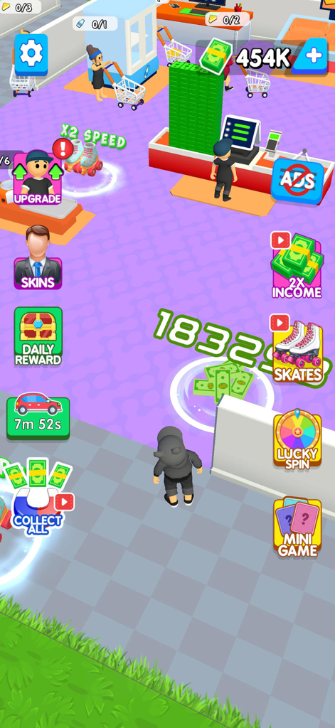 Mini Supermarket Grocery Shop - Captura de pantalla del gameplay de Mini Supermarket Grocery Shop mostrando a un personaje recogiendo pilas de dinero en una colorida tienda con botones de interfaz de gestión.