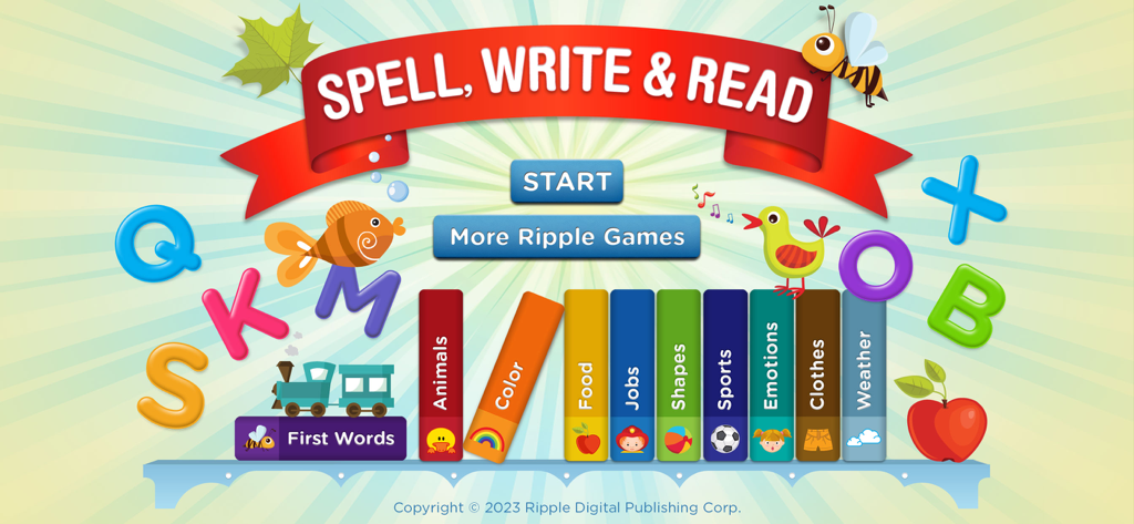 Spell, Write and Read - Colorful main menu of the Spell Write and Read app showing educational categories and alphabet letters