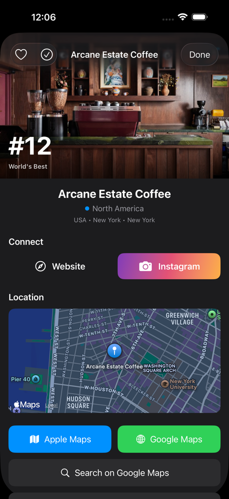 World's 100 Best Coffee Shops - App screen showing details for Arcane Estate Coffee in New York with its ranking and location map