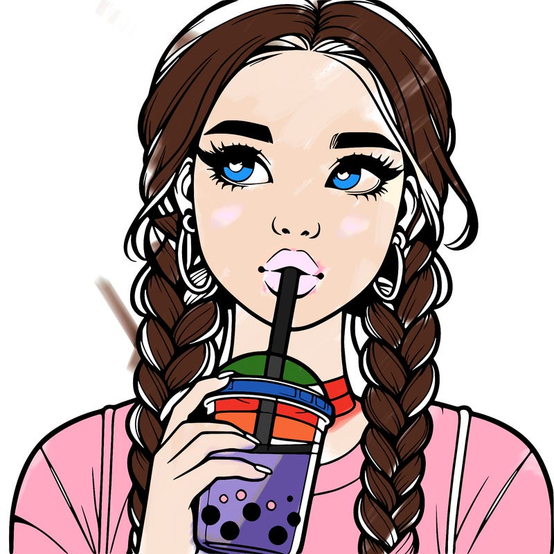 realistic girl with braided hair drinking boba