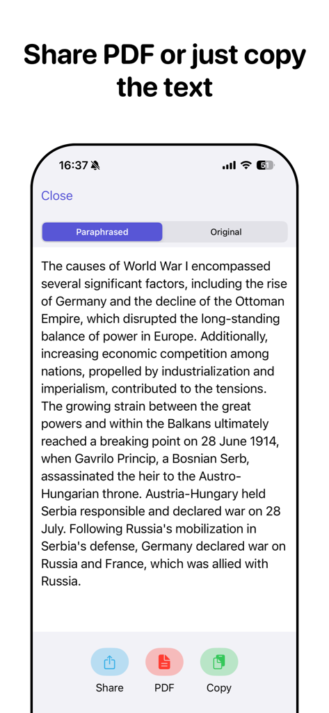 Paraphrase AI Tool - Rewriter - Mobile app screen showing options to share, export as PDF, or copy paraphrased text.