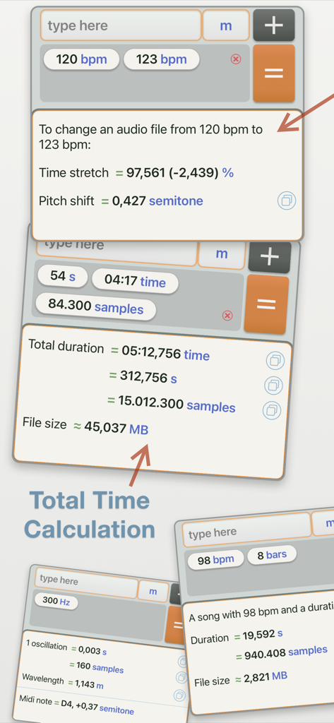 Studio Calculator - Interface of Studio Calculator displaying various calculations for BPM time stretch pitch shift and audio duration