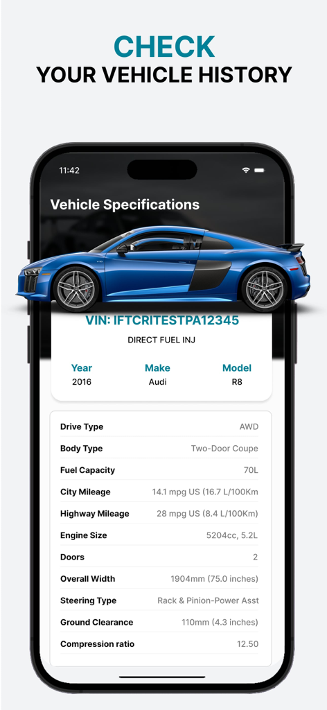 VINチェック後のアウディR8の詳細な車両仕様と履歴を表示するモバイルアプリ画面