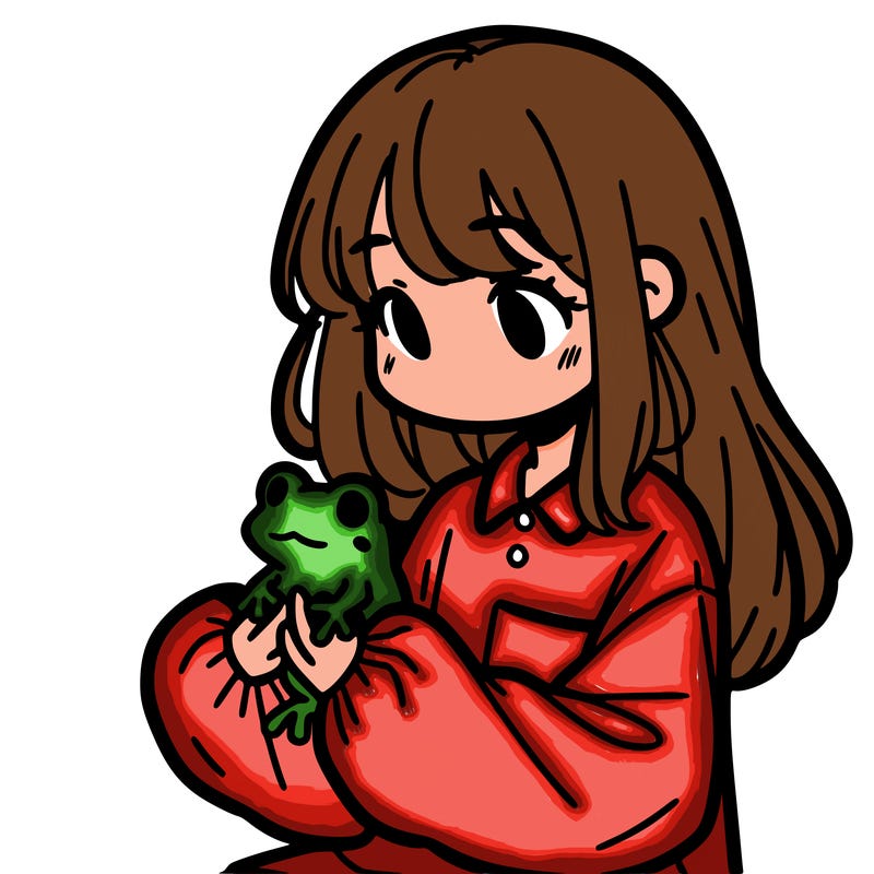 girl with long hair and a oversized shirt. and she is holding a frog