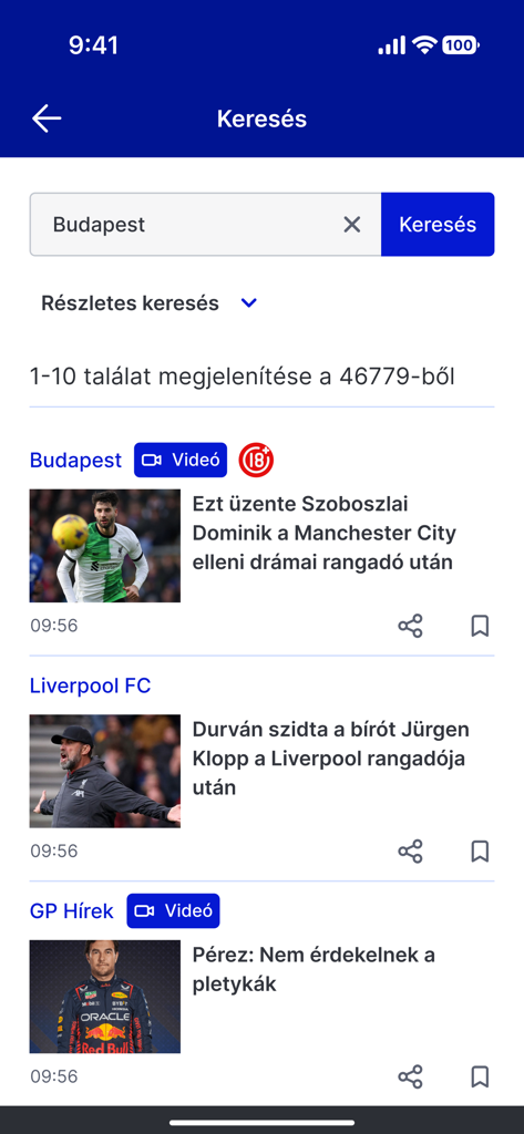 Az Origo hírek alkalmazás keresési eredmények képernyője, amely magyar nyelvű sporth cikkeket mutat.
