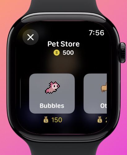 Pixel Paws - Virtual Pet Toy - Loja do aplicativo Pixel Paws em Apple Watch mostrando Bubbles, o pet pixelado