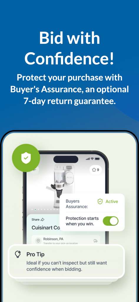 Tela do aplicativo MAC.BID destacando a garantia opcional de devolução de sete dias para proteção do comprador para licitantes