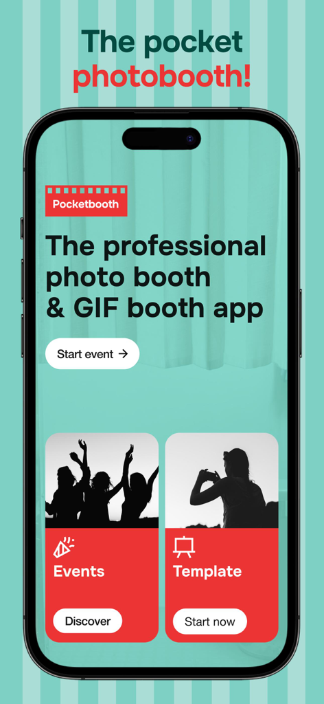 Pocketbooth Photo Booth - Pantalla de inicio de la aplicación móvil Pocketbooth que muestra botones para iniciar un evento de cabina de fotos y elegir plantillas