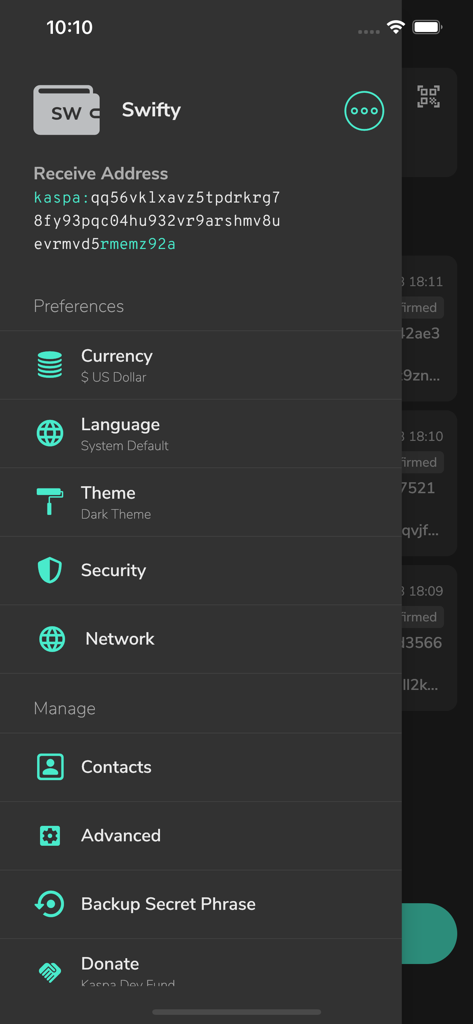 Menu des paramètres de l'application de portefeuille de cryptomonnaies Kaspium montrant les préférences et les options de sécurité.