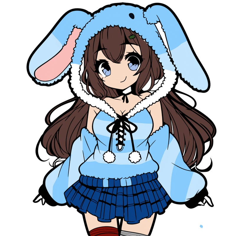 pretty anime girl wearing a fluffy hoodie with bunny ears on the hood and a skirt