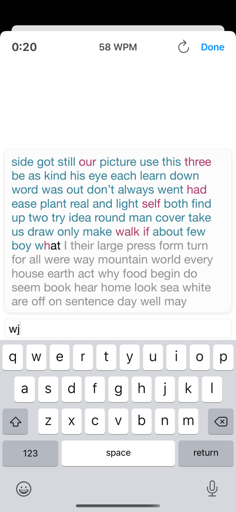 Interface do aplicativo móvel Speed Typer mostrando um teste de digitação de palavras por minuto com o PPM atual e um teclado na tela.