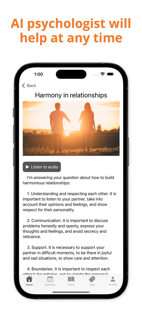 Smartphone screen of the Mila app showing advice from an AI psychologist about building harmonious relationships
