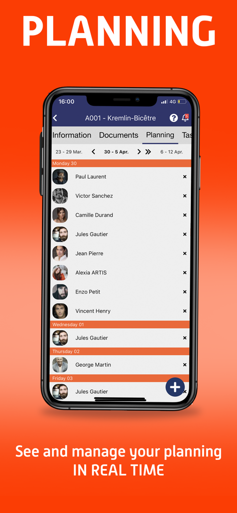 Alobees - Mobile screen of Alobees app showing construction site worker planning and schedules in real time.