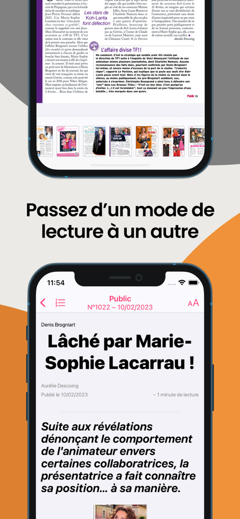 Two mobile screens displaying the Salon Presse app's magazine layout and a text-optimized article reading mode.