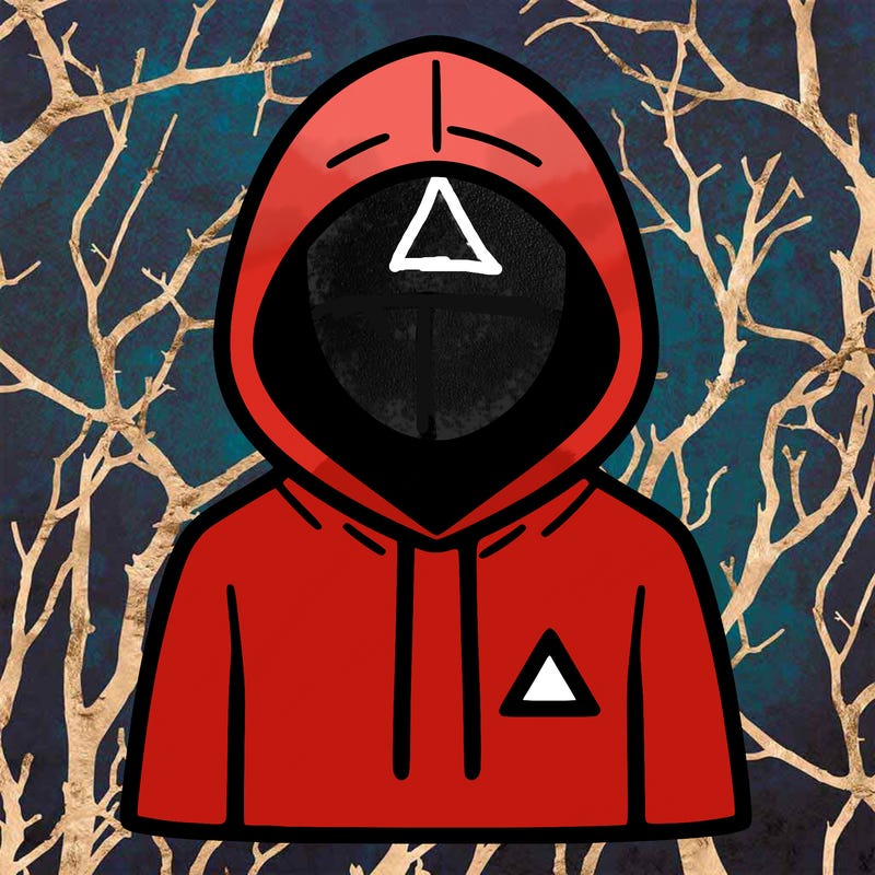 a person with non face waering a hoodie with a small triangle symbol