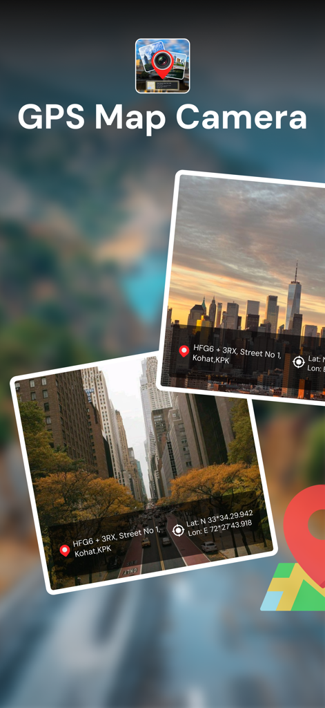 Interface de l'application GPS Map Camera affichant des photos avec des tampons d'adresse et de coordonnées de localisation.
