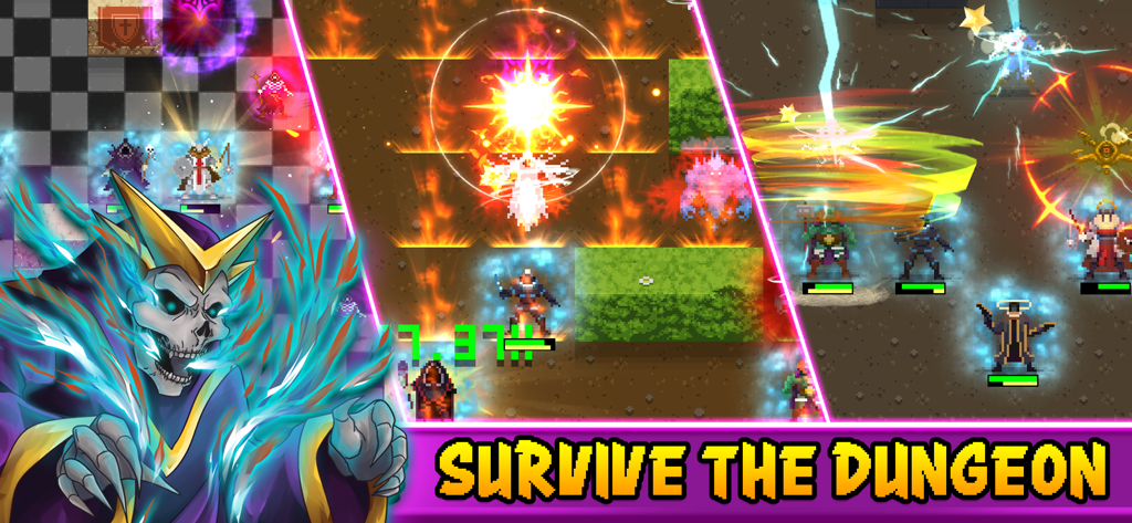 Dunidle: Auto Battler RPG Game - Battaglie tattiche in pixel art in Dunidle Auto Battler RPG con banner Sopravvivi al Dungeon