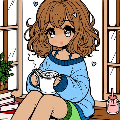 cute anime girl reading book and drinking hot chocolate from mug with loose wavy hair wearing a baggy sweatshirt and shorts sitting by windowsill looking out