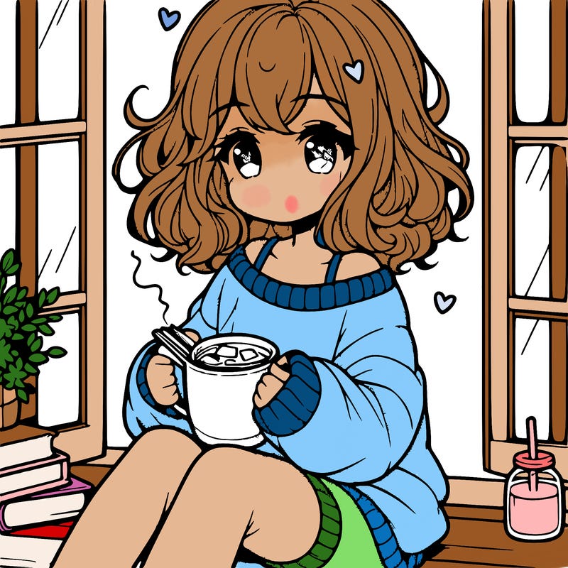 cute anime girl reading book and drinking hot chocolate from mug with loose wavy hair wearing a baggy sweatshirt and shorts sitting by windowsill looking out