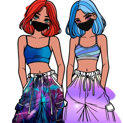 two girls with crop top with baggy pants