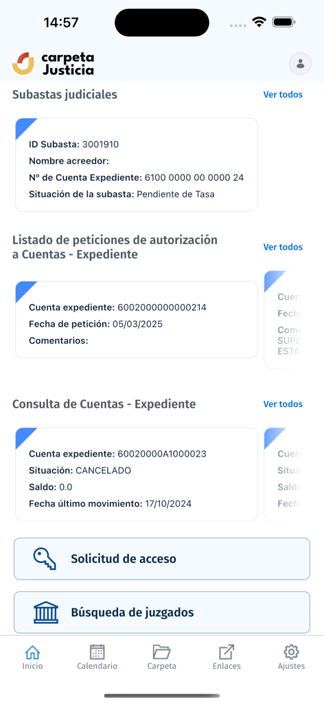 Carpeta Justicia - Dashboard of the Carpeta Justicia app showing judicial auctions and case file information