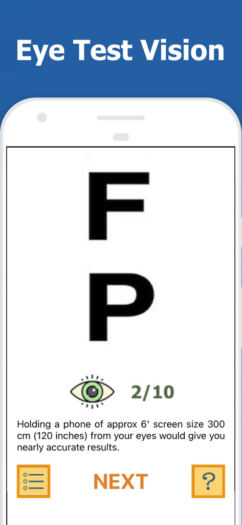 Eye Test: Vision & Color Blind - Mobile app screen showing a visual acuity test with large black letters