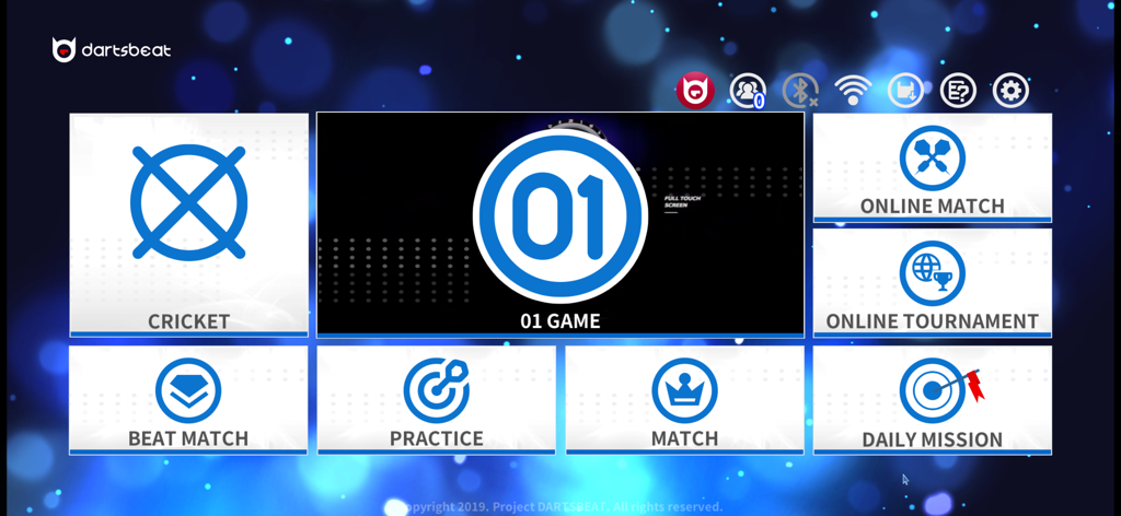 DartsBeat Home - The main menu of the DartsBeat Home app showing various dart game modes and online competition features