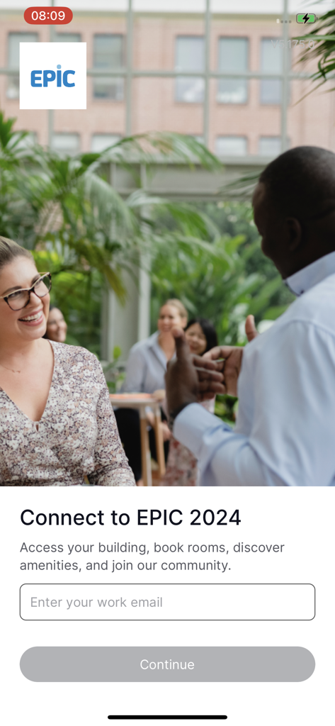 EPIC by ISPT - Welcome screen of EPIC by ISPT app showing a work email login field and professional office community image