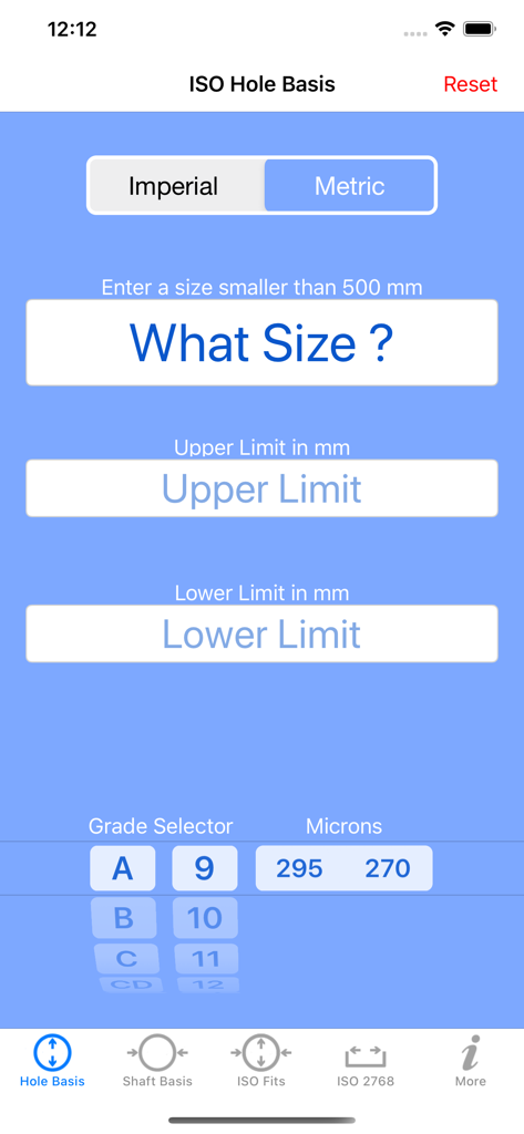 ISO Tolerance - ISO Bohrungsgrundlagen-Berechnungsbildschirm auf dem Handy mit metrischen Einheiten und Gradwähler