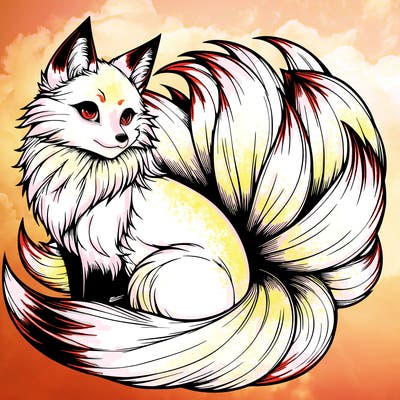 realistic detailed 9 tailed anime fox